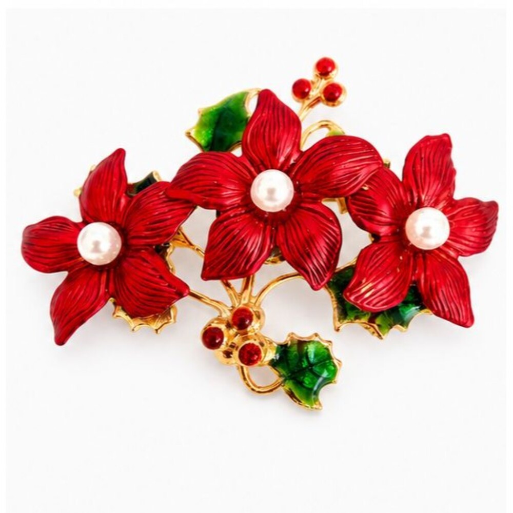 Vintage Red Poinsettia Brooch Faux Pearl Green Enamel Gold Tone Christmas Pin